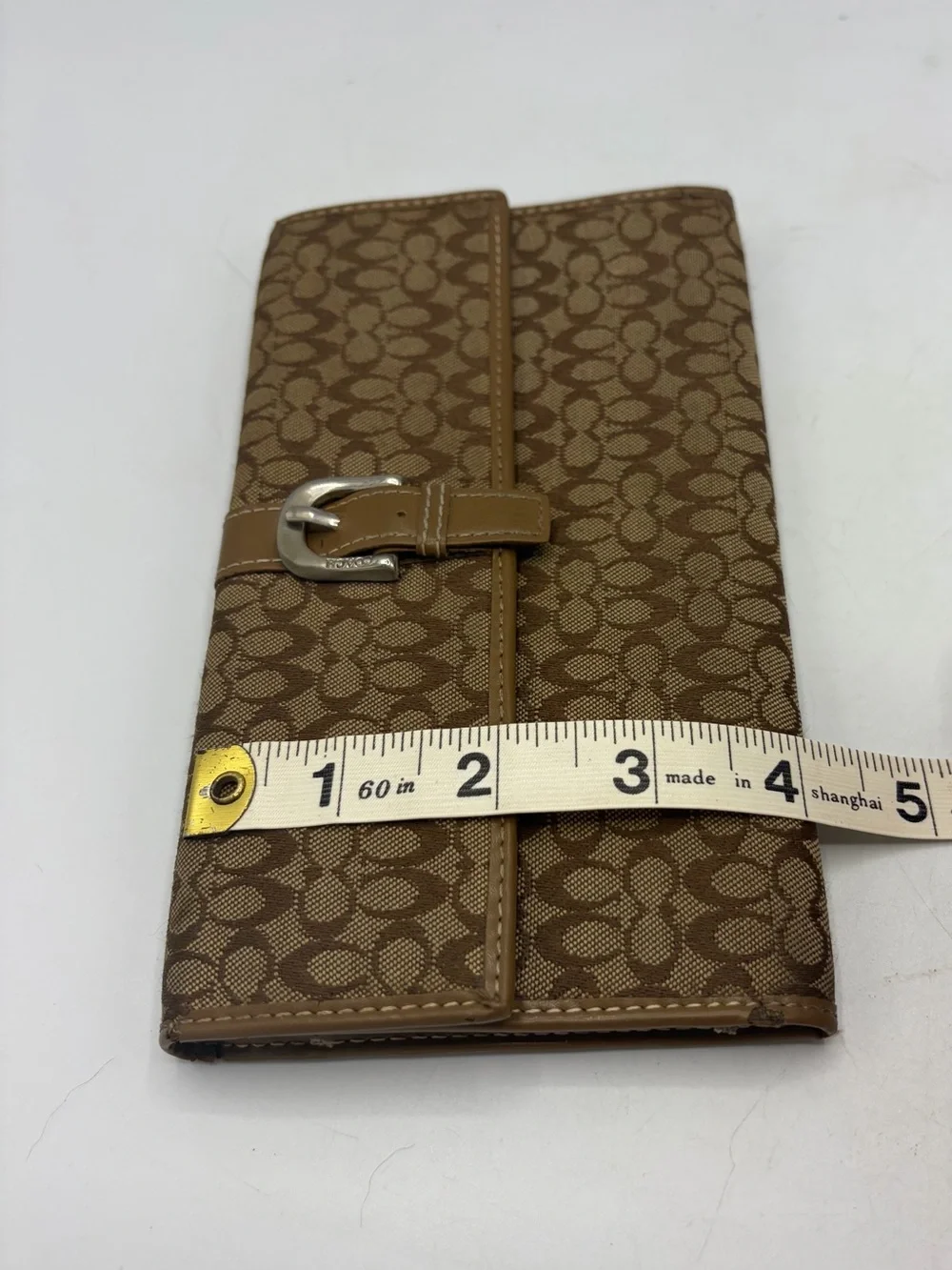Coach Brown Signature Pattern Clutch Wallet with Buckle